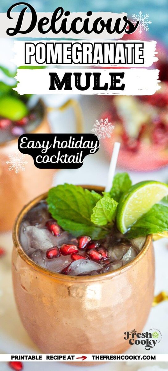 Festive pomegranate mule in copper mugs, garnished with mint, lime and pomegranate arils, to pin.
