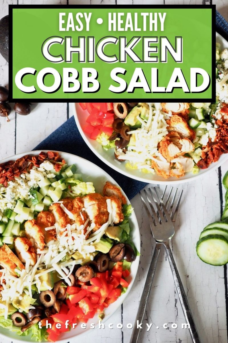 pin for easy healthy chicken cobb salad, with two plates of chicken cobb salad.
