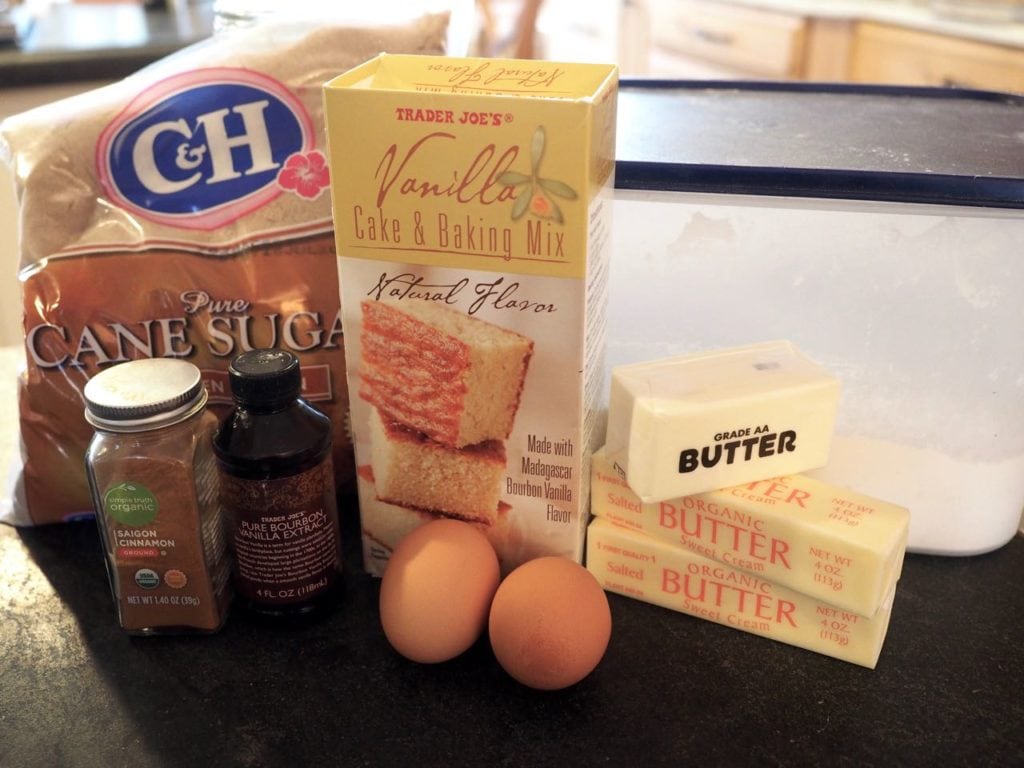 Ingredients for Starbucks Coffee Cake. L-F Brown Sugar, vanilla cake mix, butter, eggs, vanilla, cinnamon, flour.