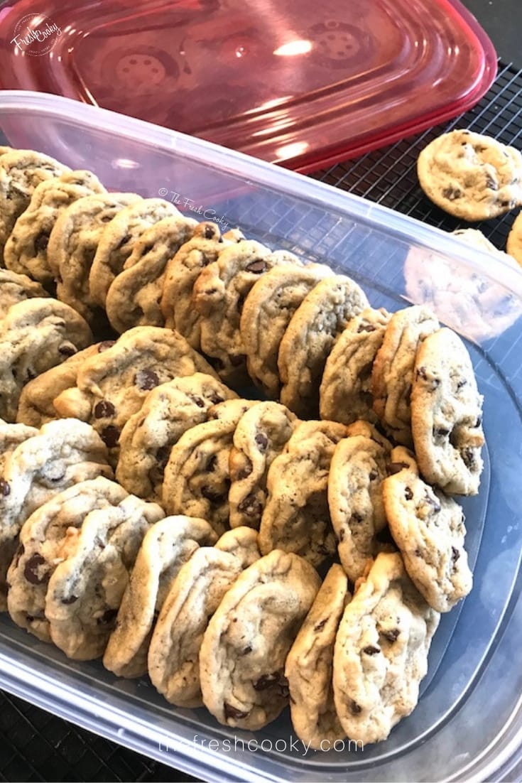 Chocolate Chip Cookies in a large airtight container, showing how to set them on their edges, at an angle, for best way to transport. 