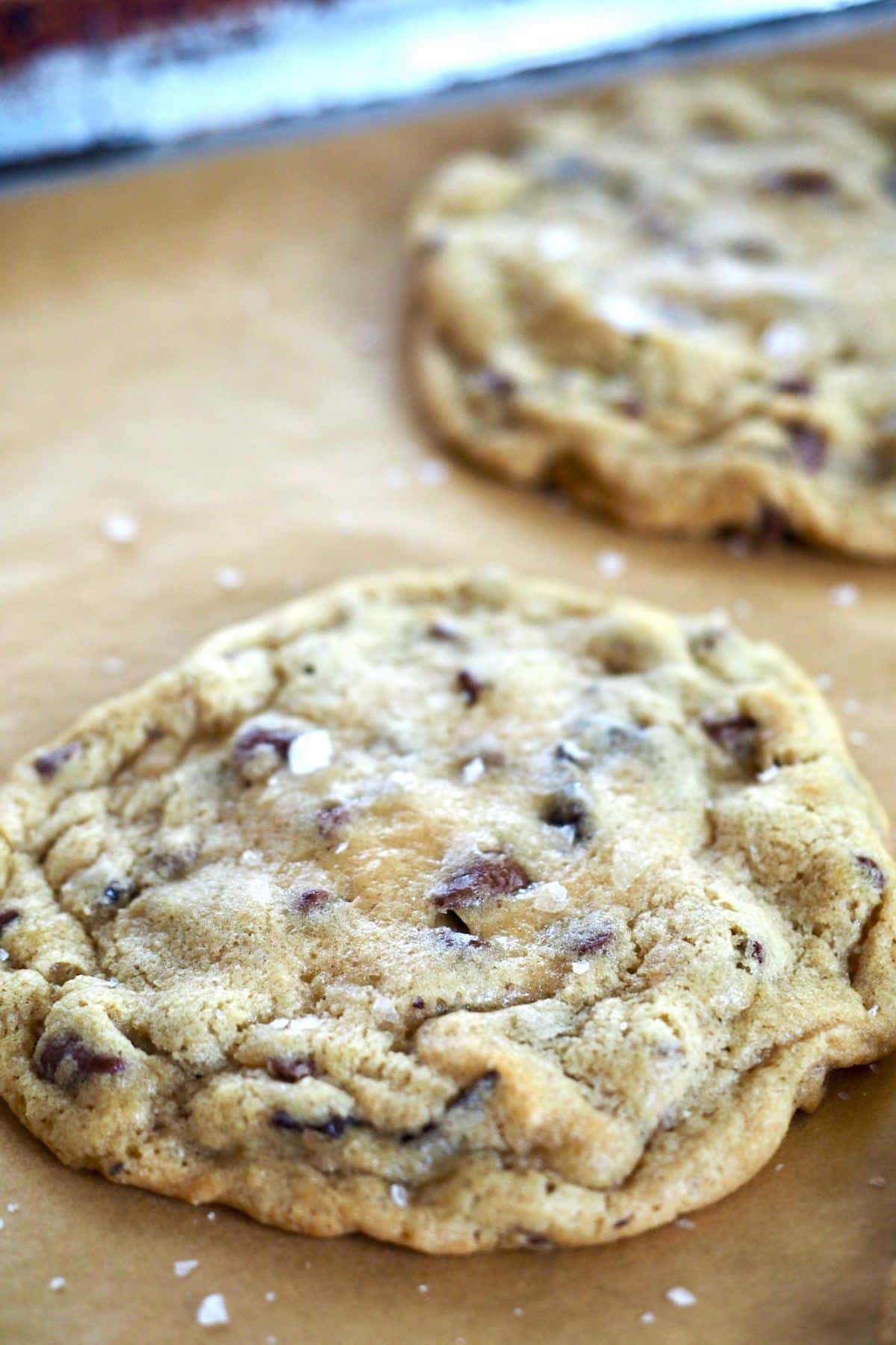 Chocolate chip cookies sitting on parchment paper with flaky sea salt. 
