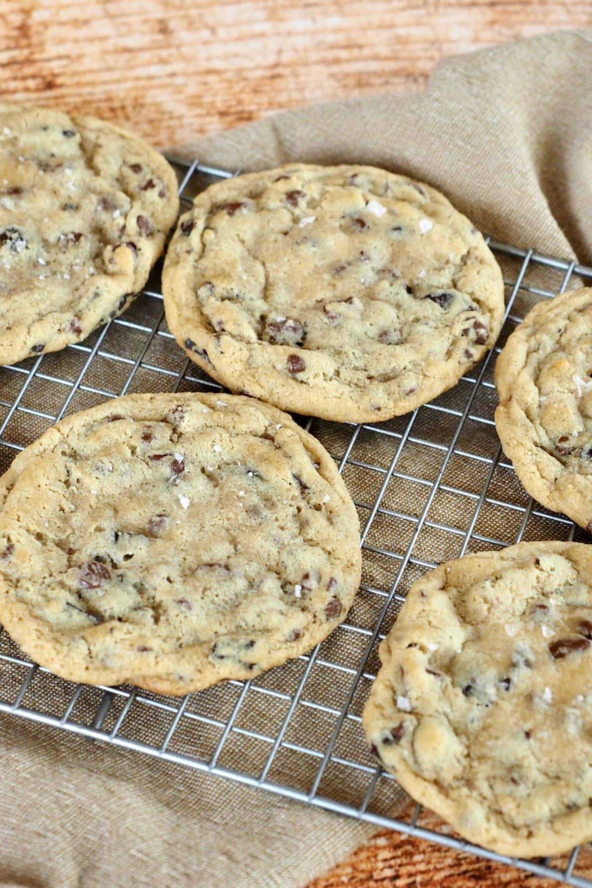 Large high altitude chocolate chip cookies on cooling rack. 