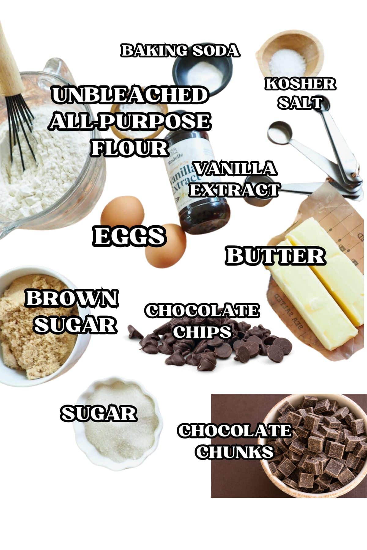 Labeled ingredients for high altitude chocolate chip cookies.
