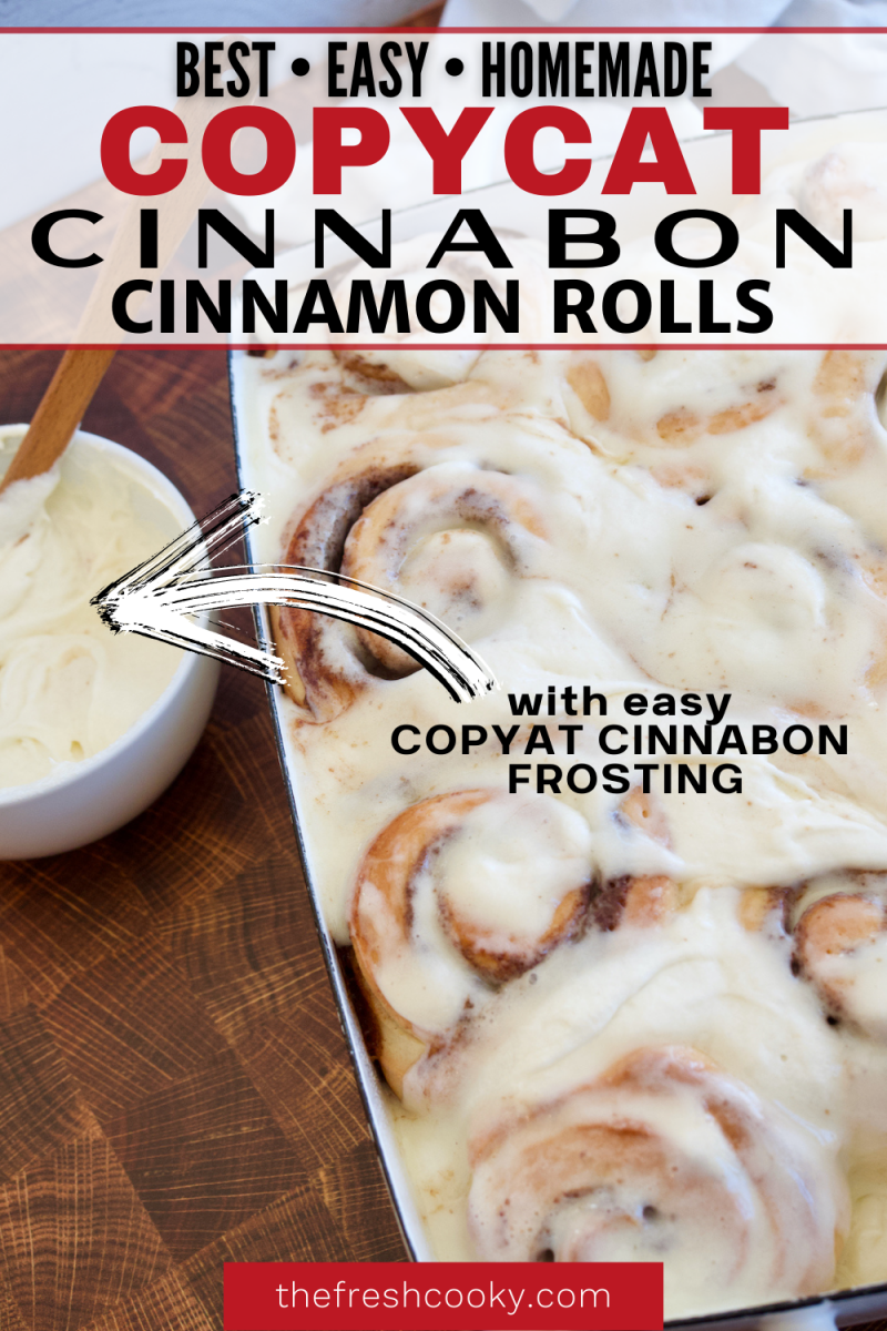 Pin for Copycat Cinnamon Rolls with tray filled with frosted cinnamon rolls.
