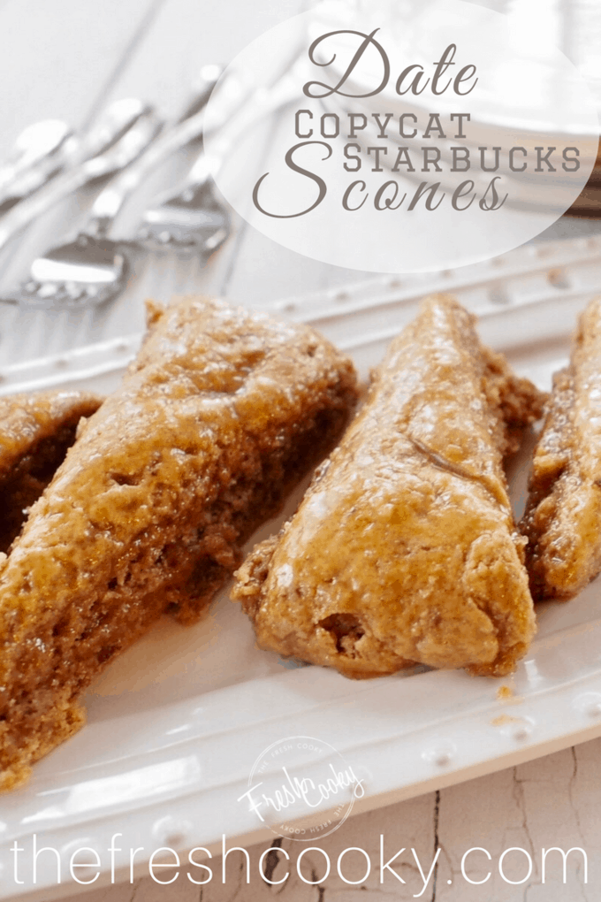 Pin for Date scones with close up shot of moist and tender, date scones copycat Starbucks on a serving platter. 