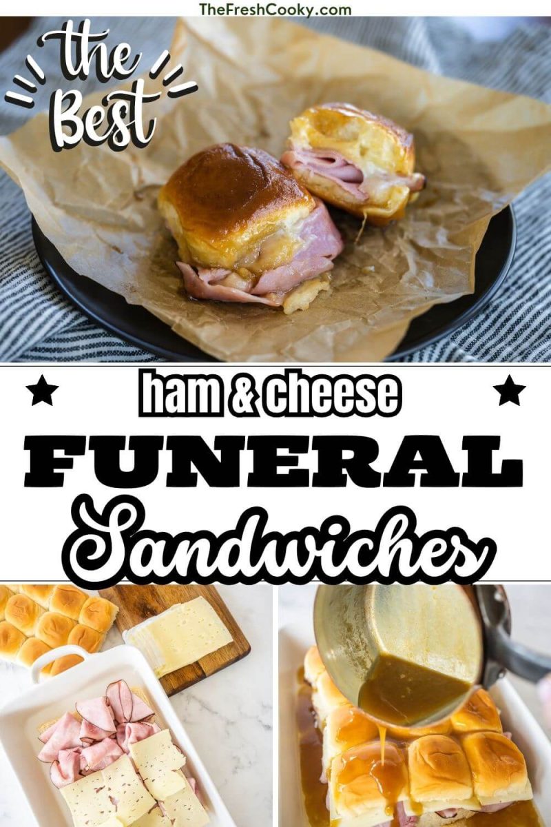 Ham and Cheese Funeral Sandwiches, showing the process of making them and final gooey sandwiches on a plate, to pin.