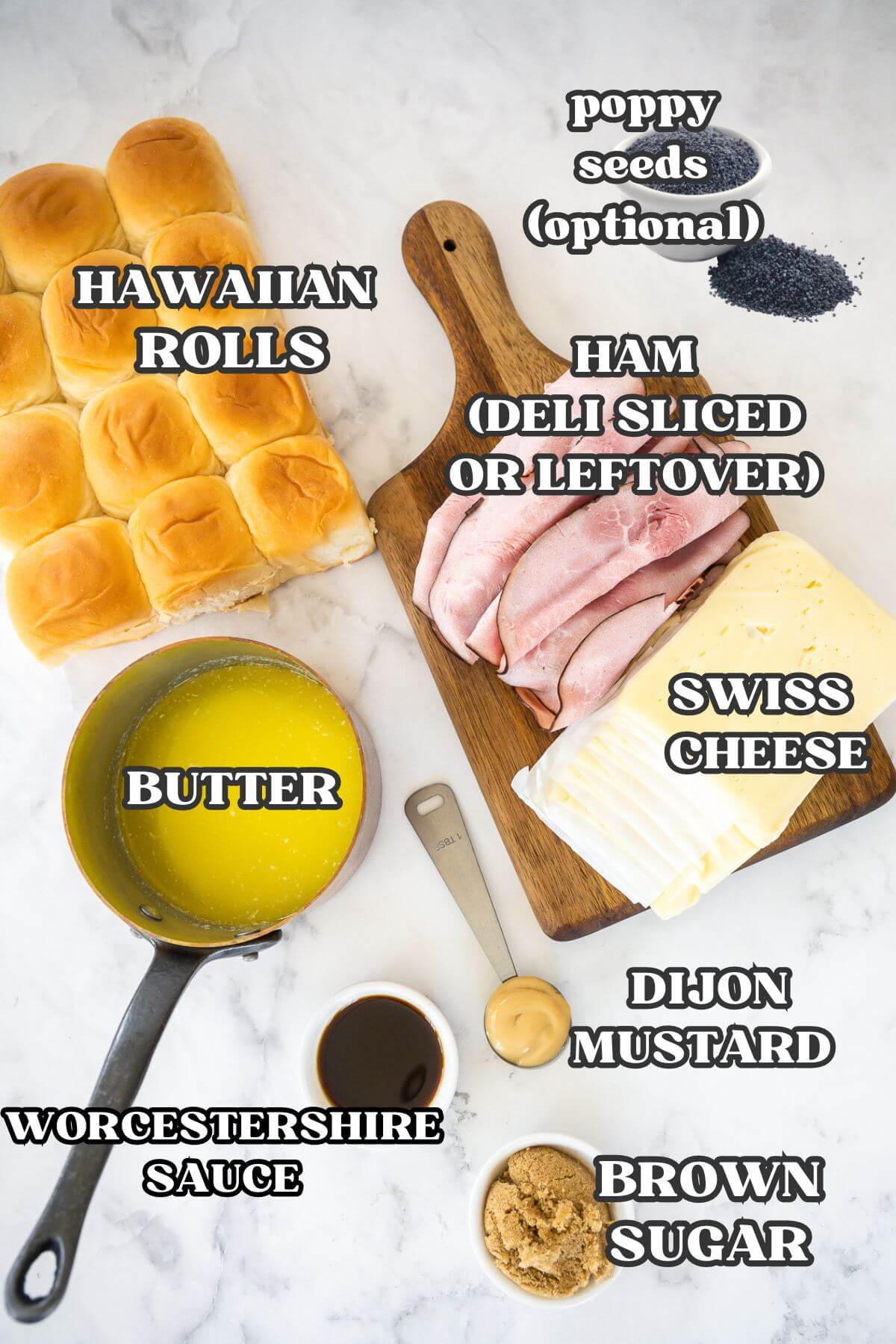 Labeled ingredients for funeral sandwiches, baked ham and cheese sliders.