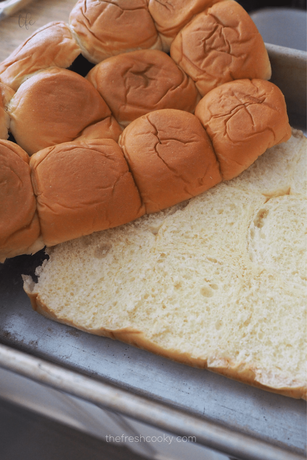 Sliced tops from bottoms of King's Hawaiian Rolls.