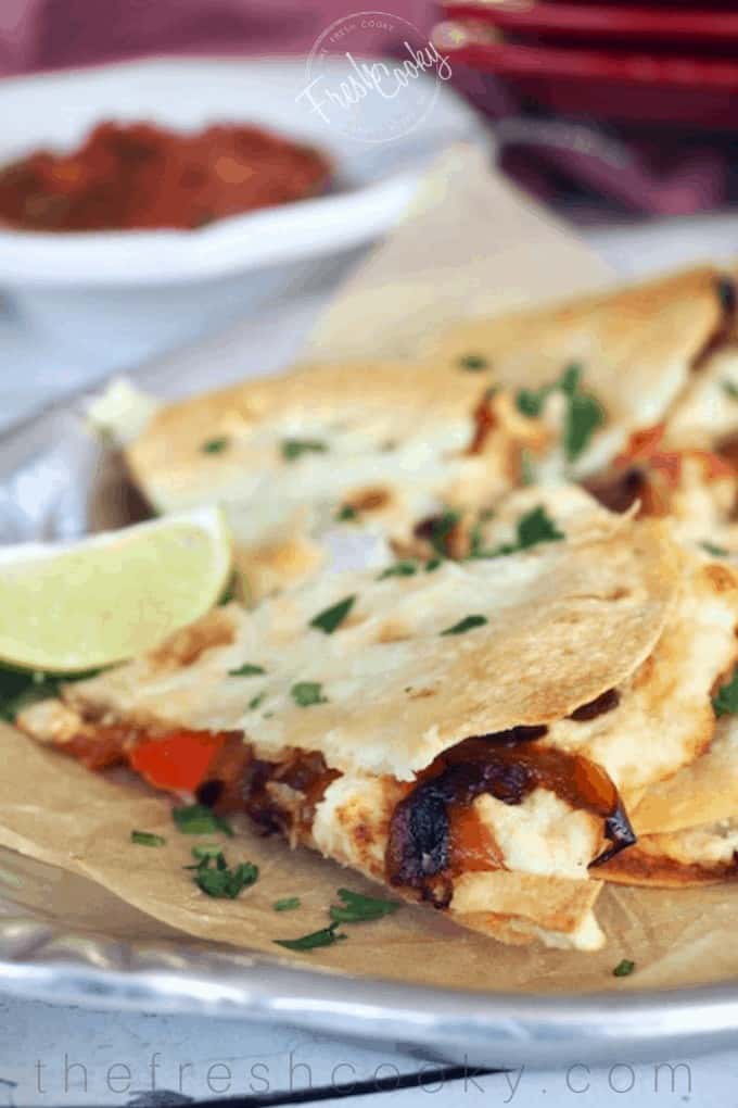 Chicken Quesadillas with Caramelized Peppers & Onions
