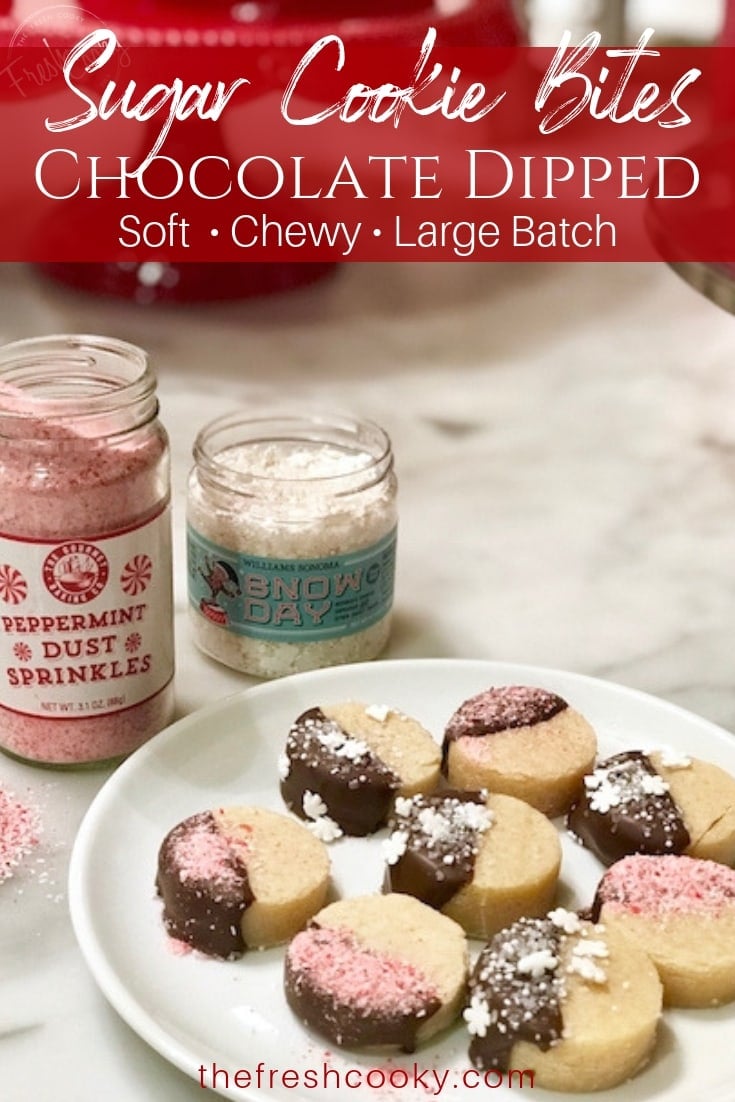 Chocolate Dipped Sugar Cookie Bites Pinterest Image with Peppermint Dust and snowflake sprinkles in background. 