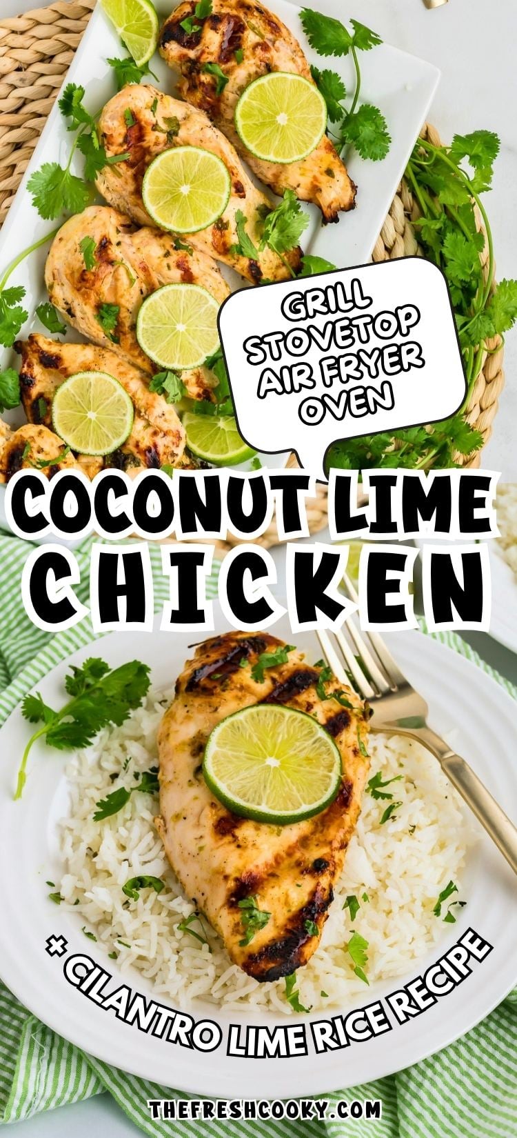 Grilled chicken breasts with limes on a platter and a single grilled coconut lime chicken on a bed of white rice.
