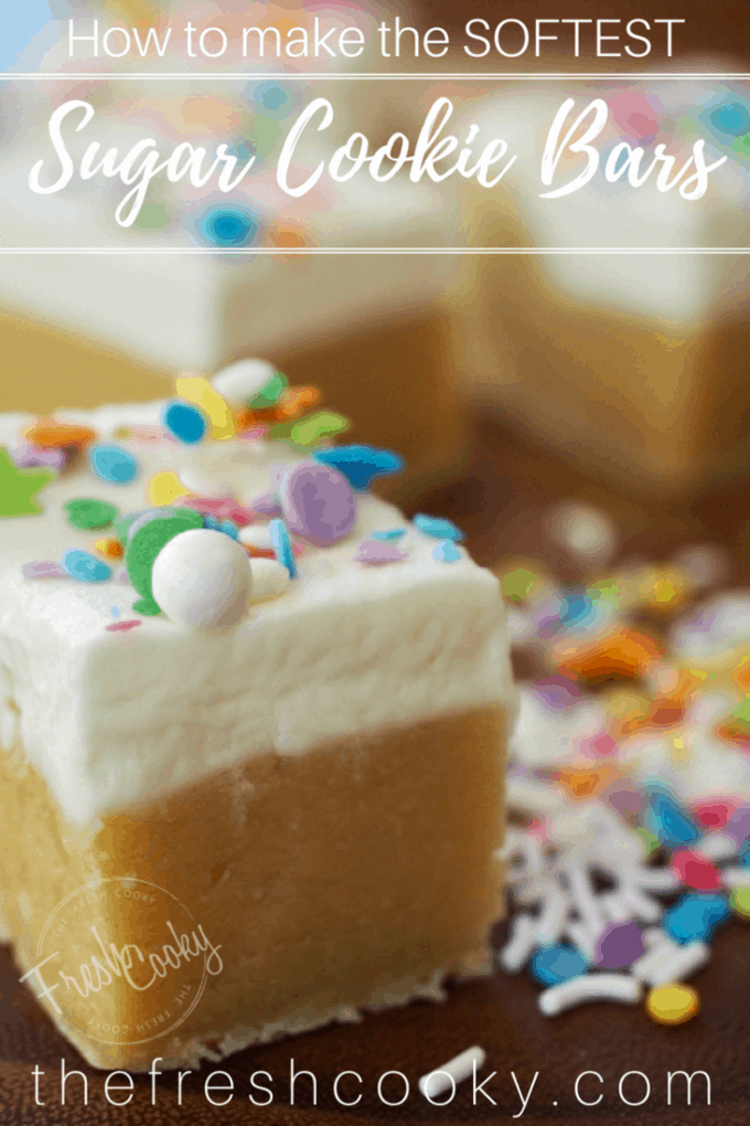 How to make the SOFTEST Sugar Cookie Bars with fluffy, light buttercream. #thefreshcooky #sugarcookie #sugarcookiebars #cookies #buttercream #potluck #teamfeed