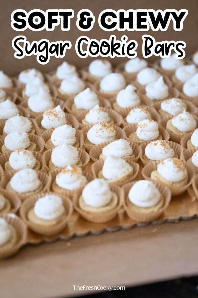 Rows of frosted sugar cookie bites in a box, to pin.
