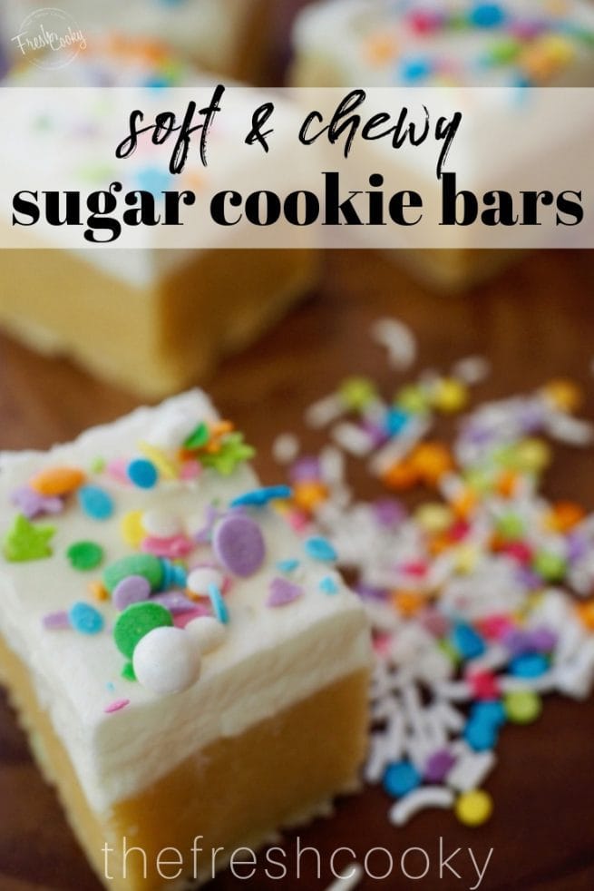 Frosted Sugar Cookie Bars  with fluffy white frosting and colorful sprinkles on top.| www.thefreshcooky.com
