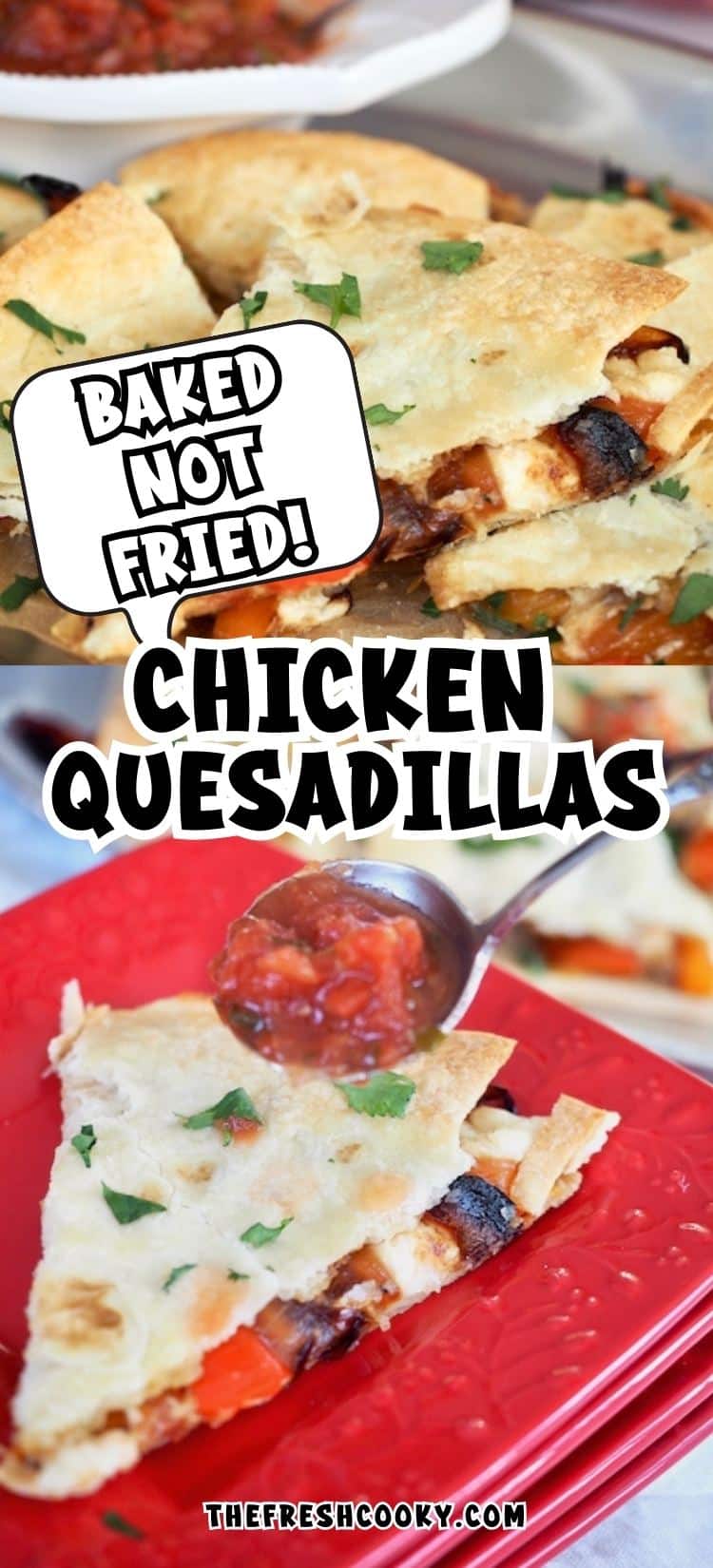 Spooning some salsa onto a chicken quesadilla for pinning.