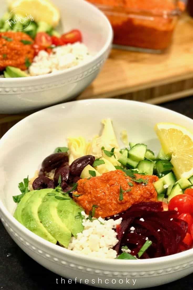 Greek Quinoa Bowls with Romesco Sauce