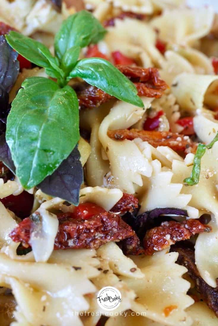 Close up of sun-dried tomato salad with dressing, basil and cheese.