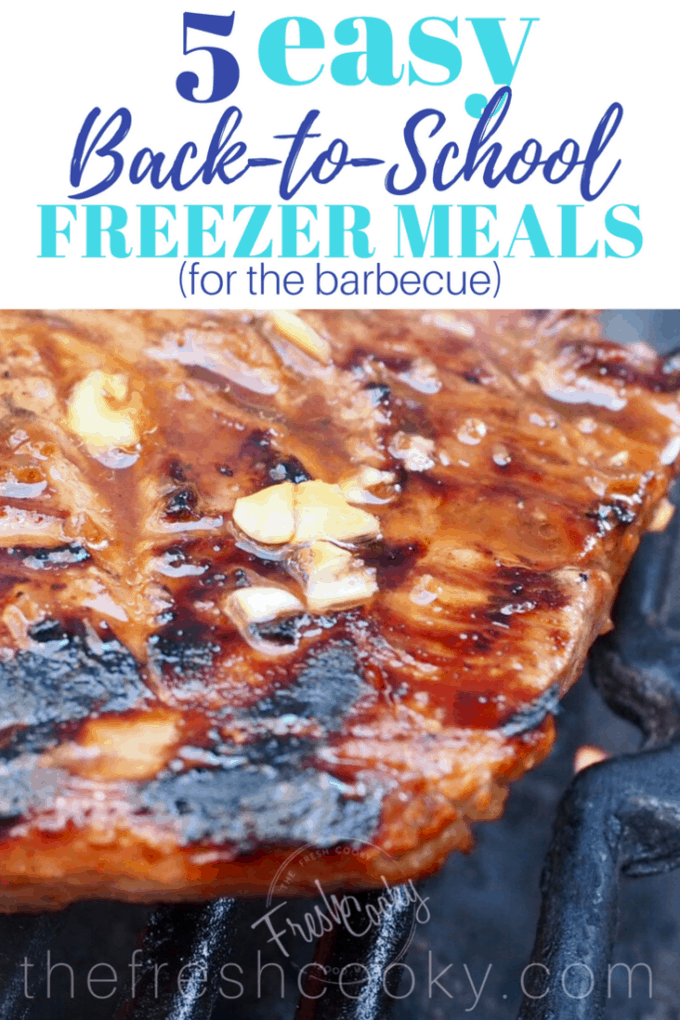 Get ready for the busy back-to-school days with these 5 simple, delicious and healthy meals! All ready for the grill! #freezerfriendly #freezermeals #grill #marinades #backtoschool #thefreshcooky #easy #mealprep #beef #pork #chicken