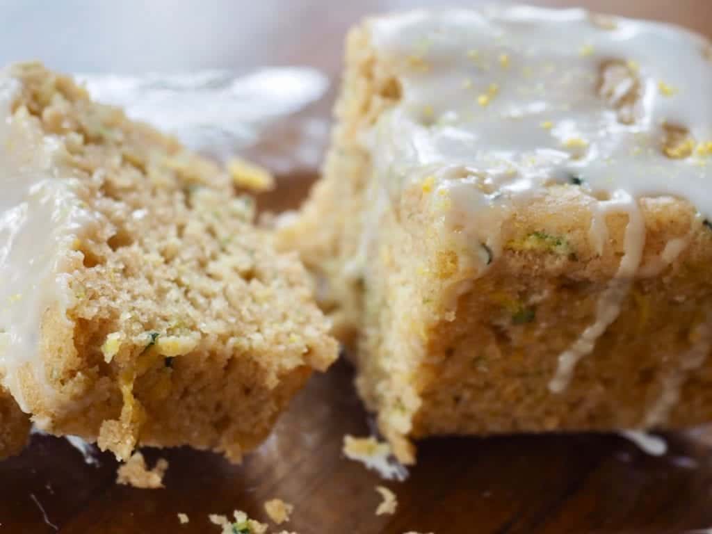 A close-up picture of Lemon Zucchini Loaf, sliced  | www.thefreshcooky.com