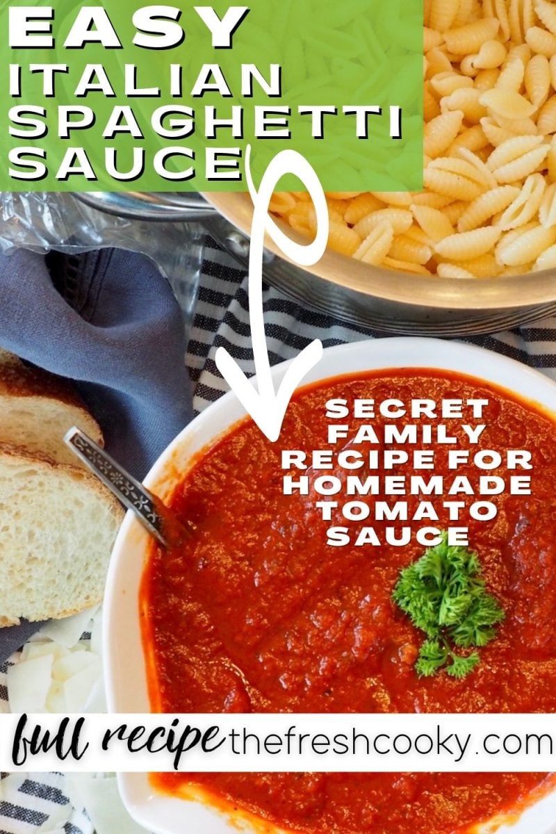 Pin for Easy Italian Spaghetti Sauce with large bowl