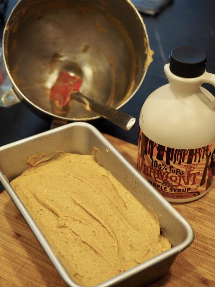 Moist Pumpkin Bread batter in loaf pan ready for the oven.
