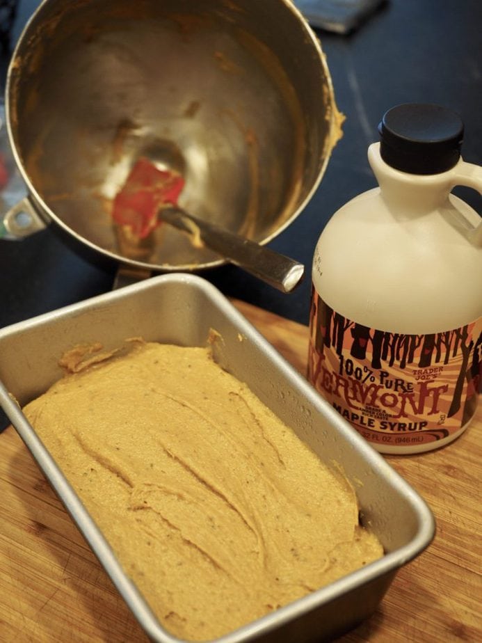 Moist Pumpkin Bread batter in loaf pan ready for the oven. 