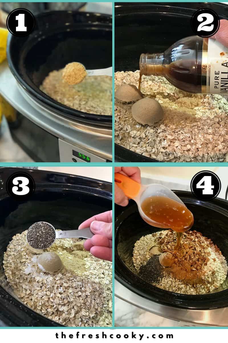 Process shots, left to right for soft baked granola. Adding ground flax meal, pouring in vanilla extract, adding chia seeds, finally adding honey. 