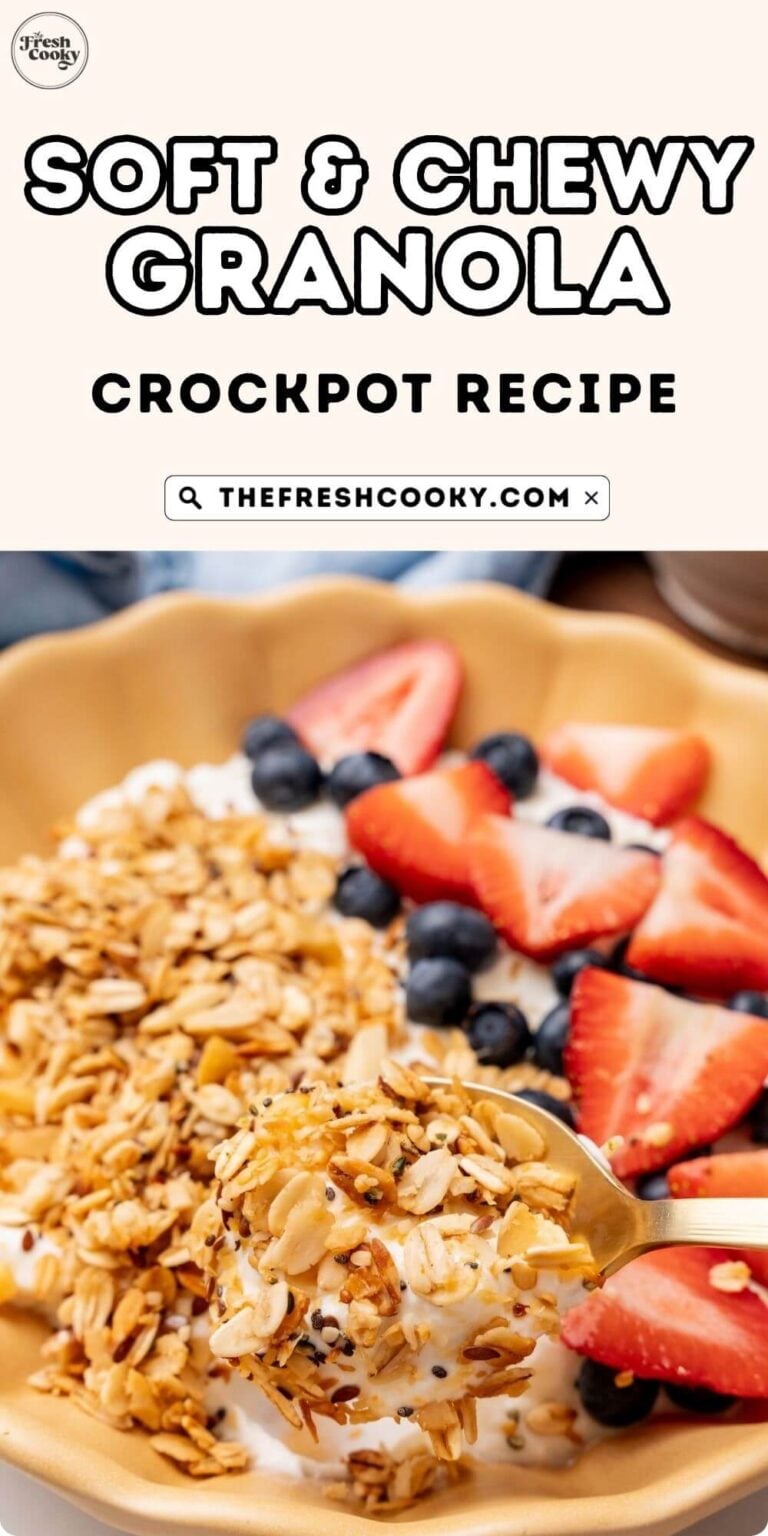 Granola on top of yogurt with berries, to pin.