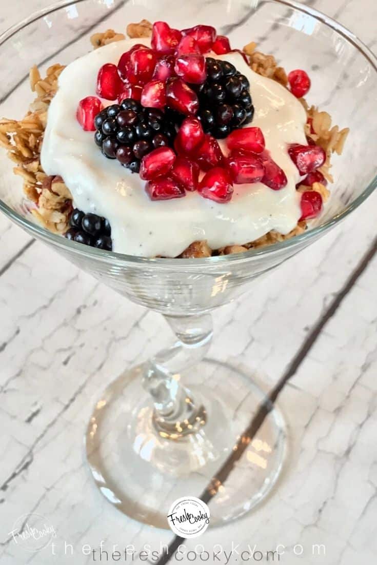 A martini glass with yogurt, granola, blackberries and pomegranate arils. 