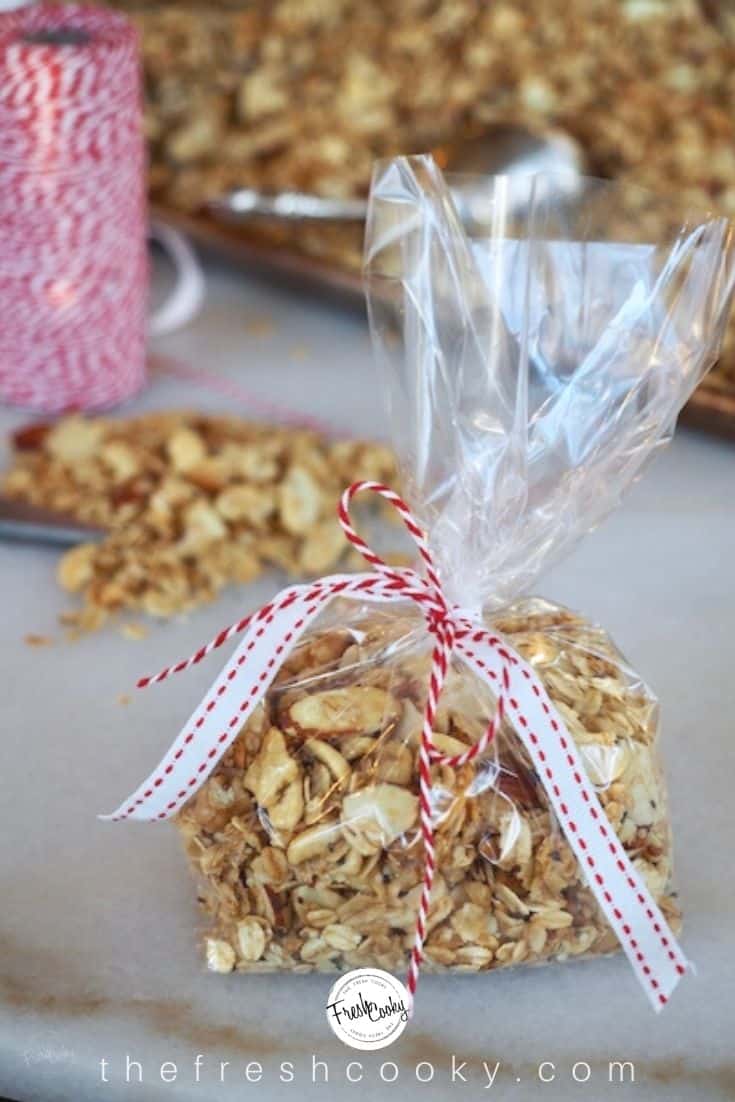 Cello bag tied with ribbon filled with soft granola, great for gift giving. 