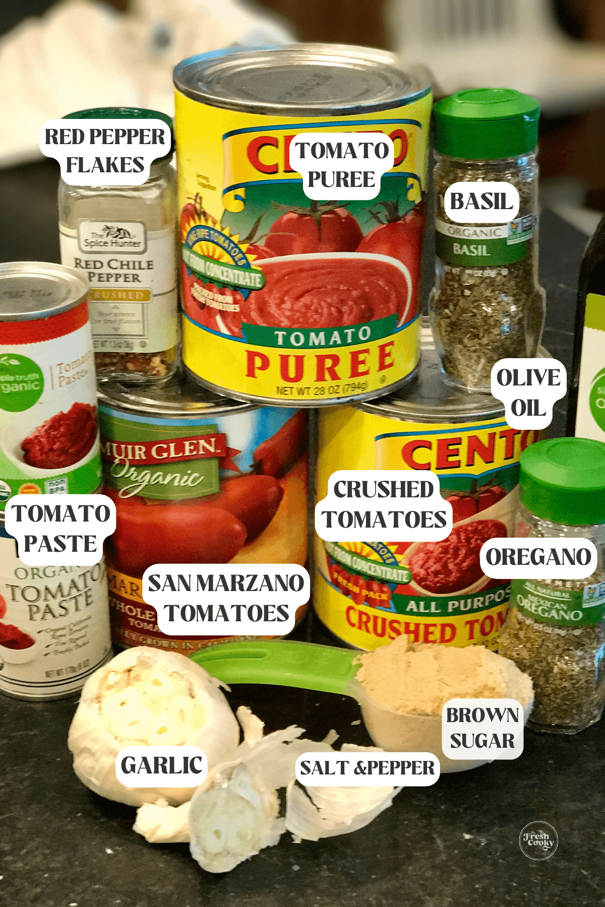 Labeled ingredients for Italian spaghetti sauce.
