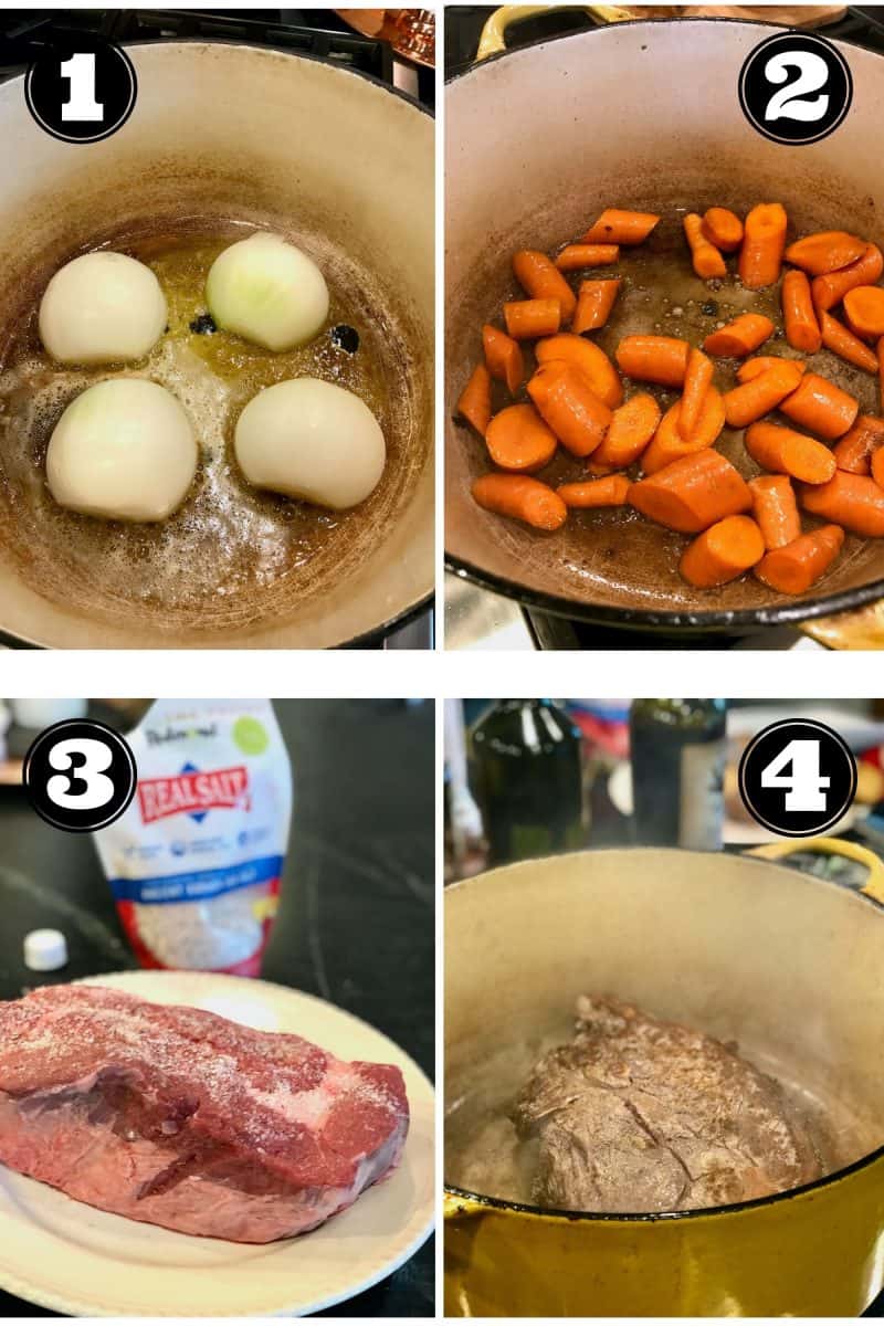 Process shots of pot roast process. 1. browning onion halves 2. browning carrots. 3 salted chuck roast. 4. searing chuck roast in pot