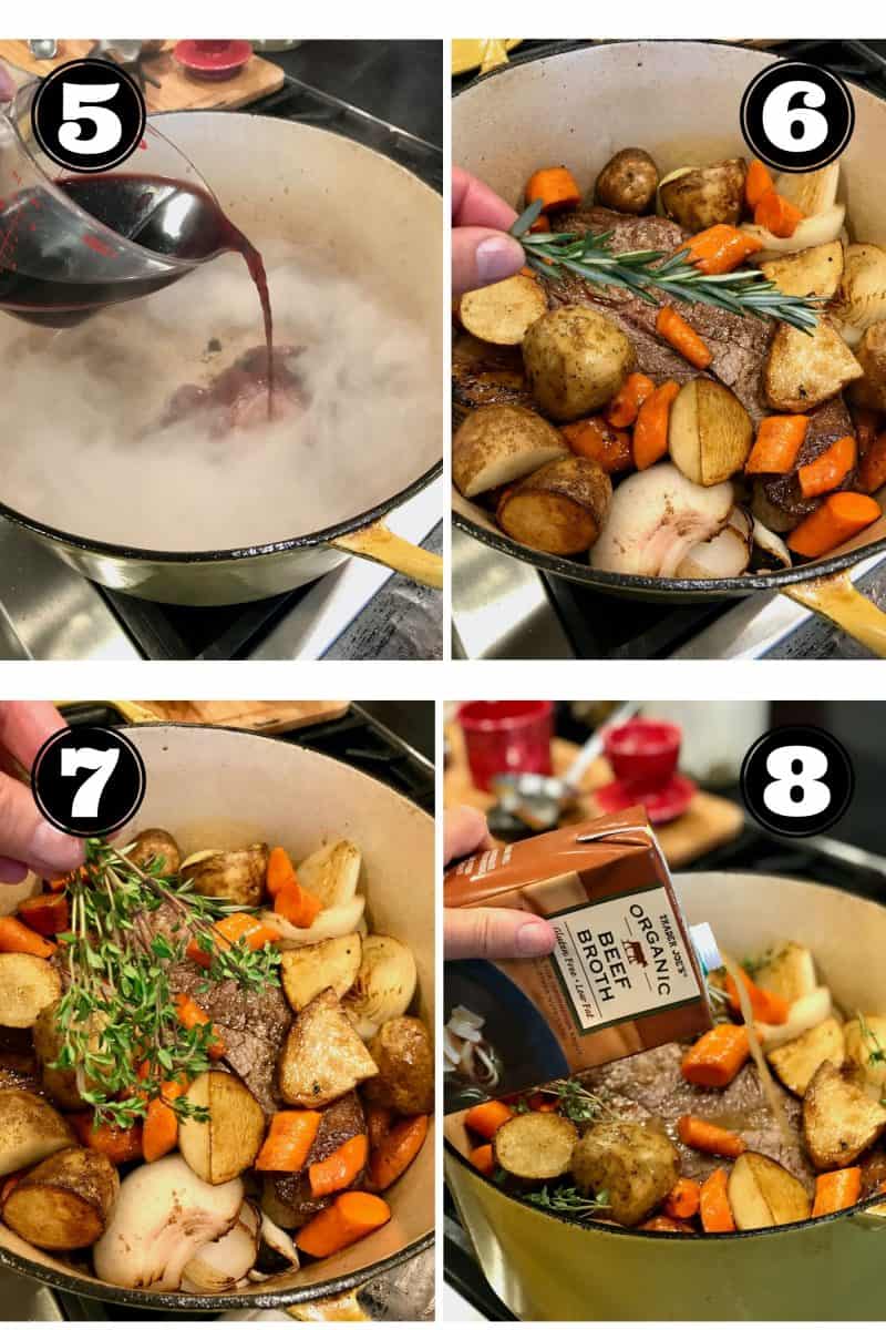 Pot Roast Process shots 5. deglazing pan. 6 adding fresh rosemary, 7. adding fresh thyme. 8 adding beef broth.