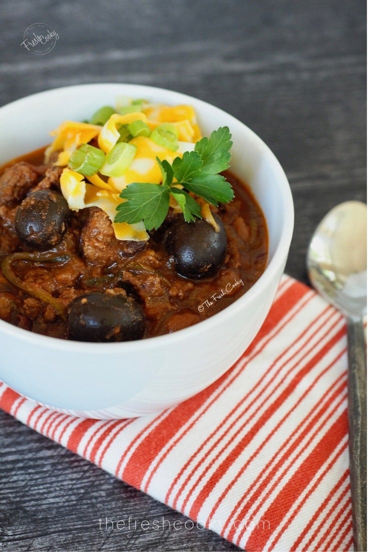 bowl of delicious beef chili with secret ingredients.