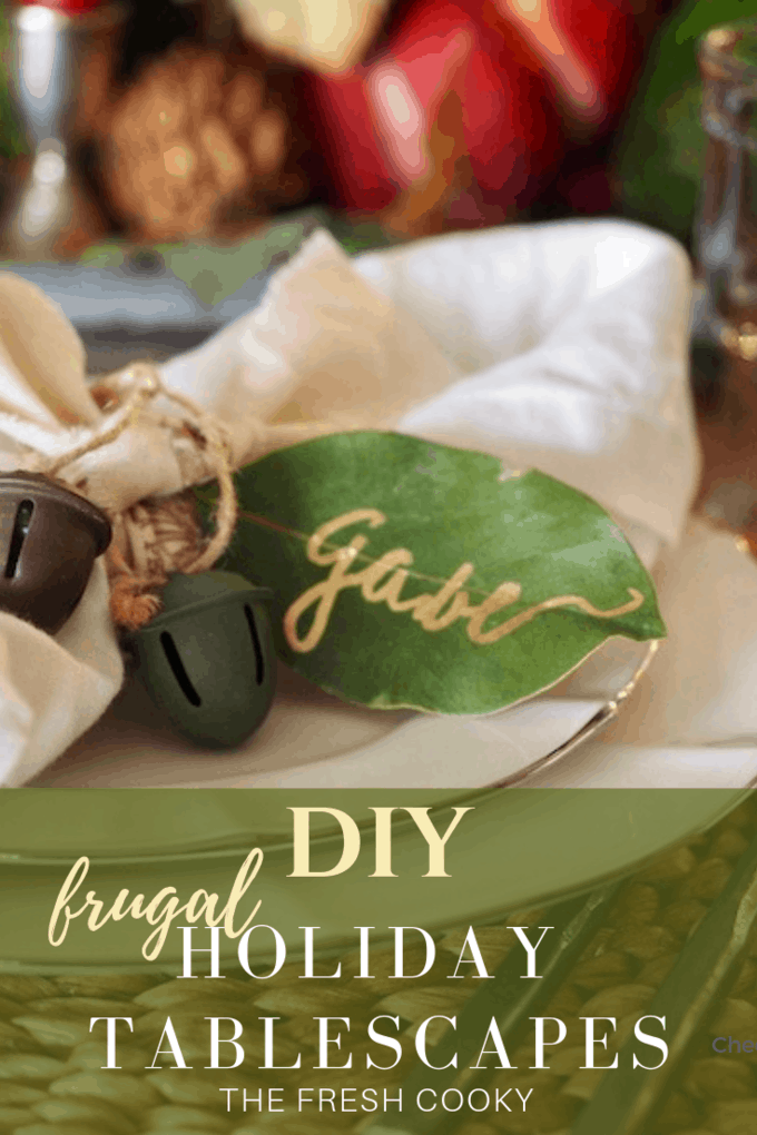 Pinterest image of DIY Frugal Holiday Tablescapes with image of china placesetting on a rustic set Thanksgiving or Autumn table. 