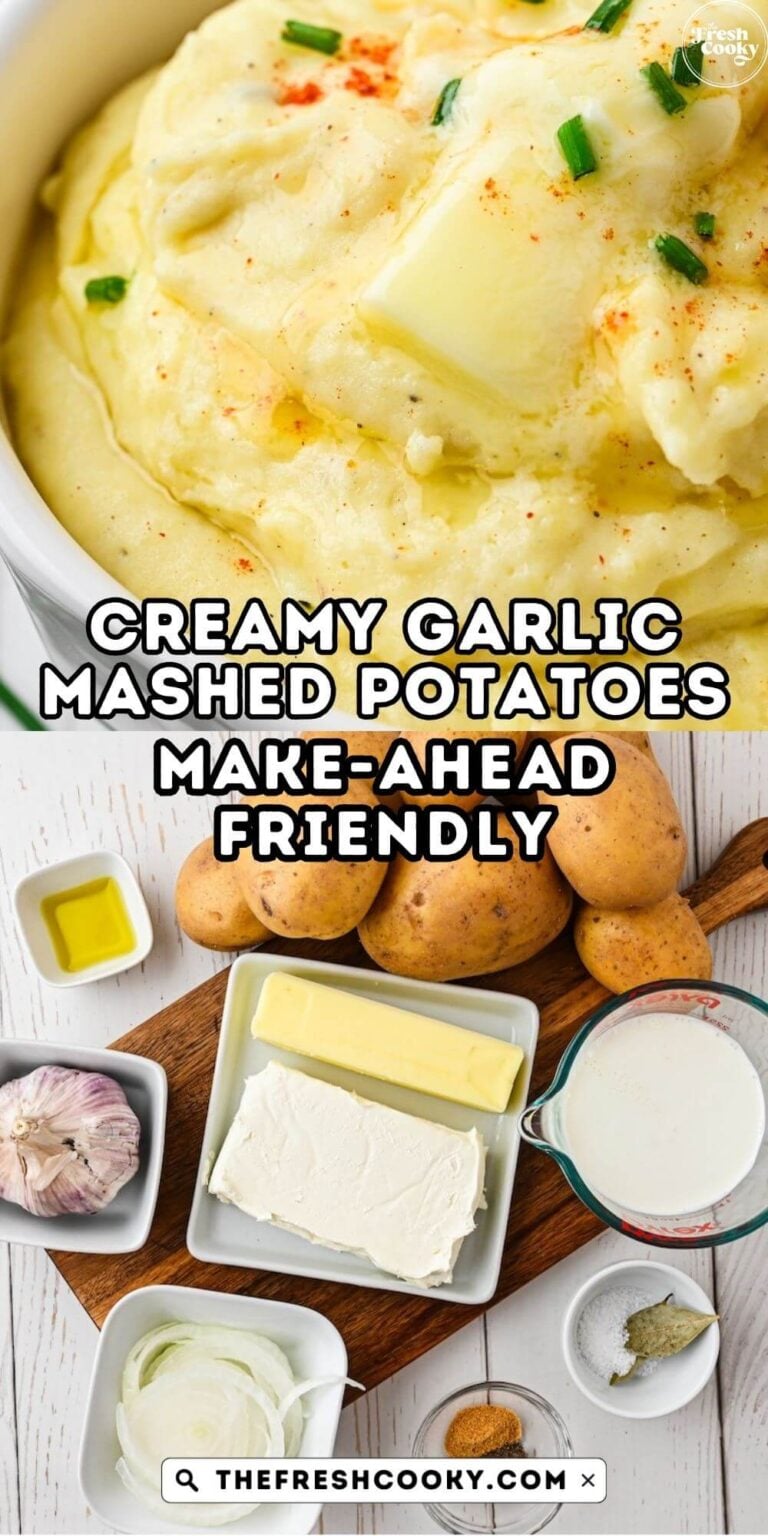 A bowl full of creamy golden garlic mashed potatoes, and ingredients for mashed potatoes, for pinning.