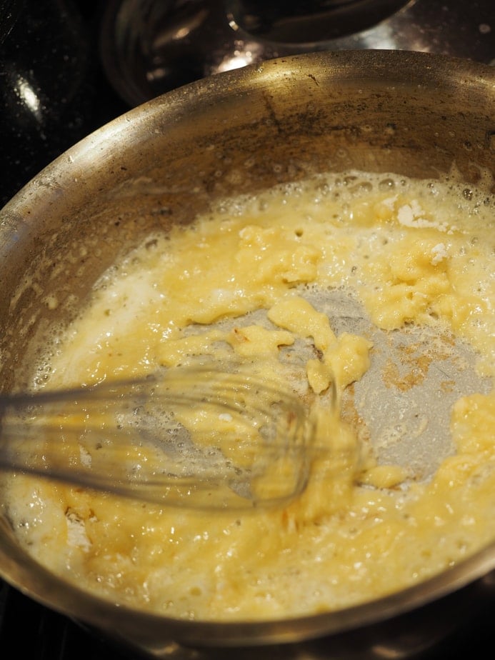 Making butter and flour roux for turkey giblet gravy.