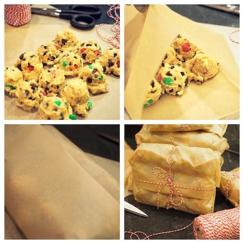 m & m chocolate chip cookie dough balls on parchment, wrapping for gift giving.