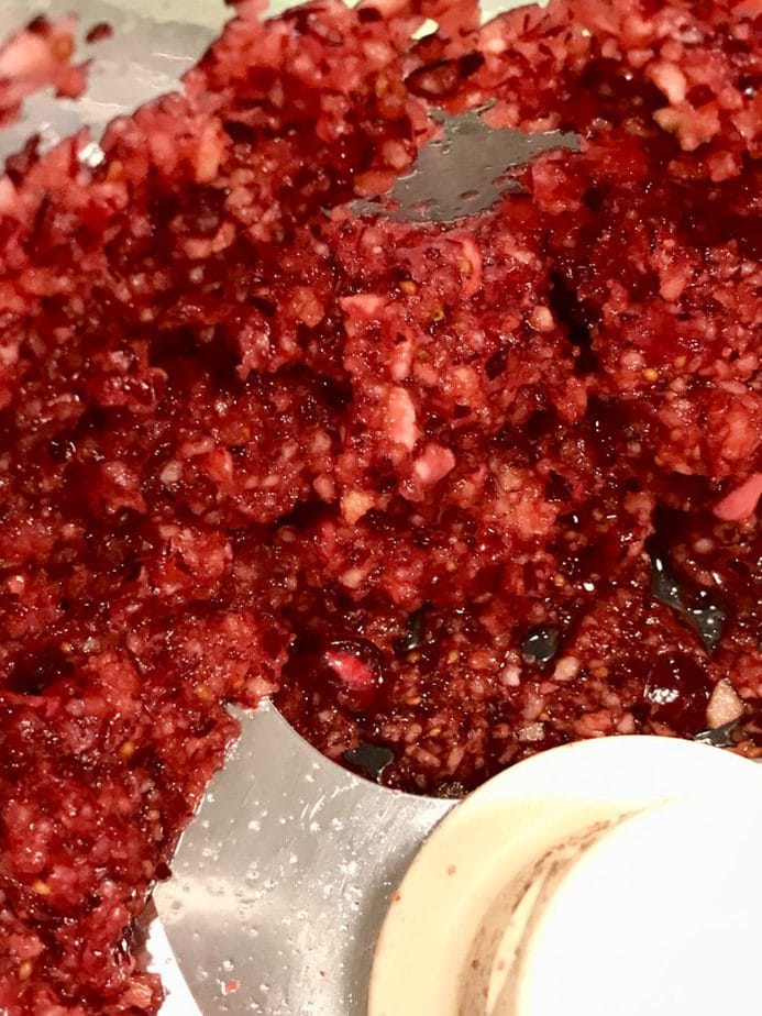 Close up shot of food processor and chopped cranberries