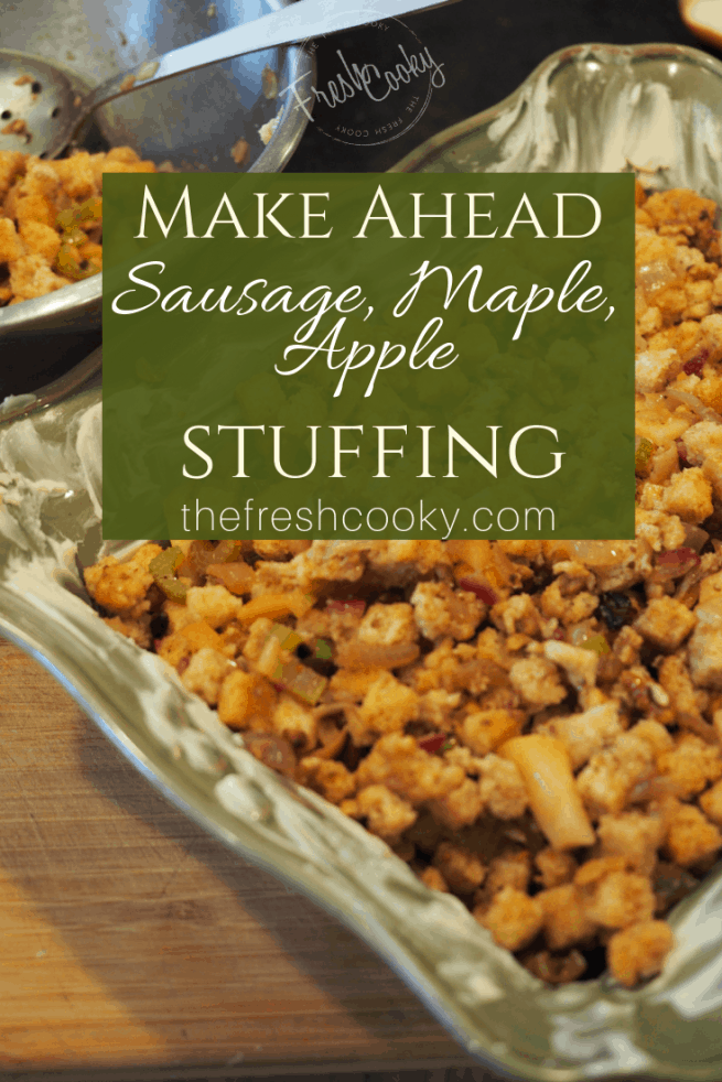 This make ahead recipe for Sausage, Maple, Apple Stuffing is so simple and has amazing and complex flavors! Use some to stuff your bird and place the rest in a buttered casserole dish and bake separate for a lovely dressing to go with your Thanksgiving or Christmas feast! #thefreshcooky #thanksgiving #stuffing #dressing #holidaystuffing #mapleapplesausage #sausagestuffing #makeahead #best #delicious #holidayrecipes #christmasdinner #thanksgivingdinner