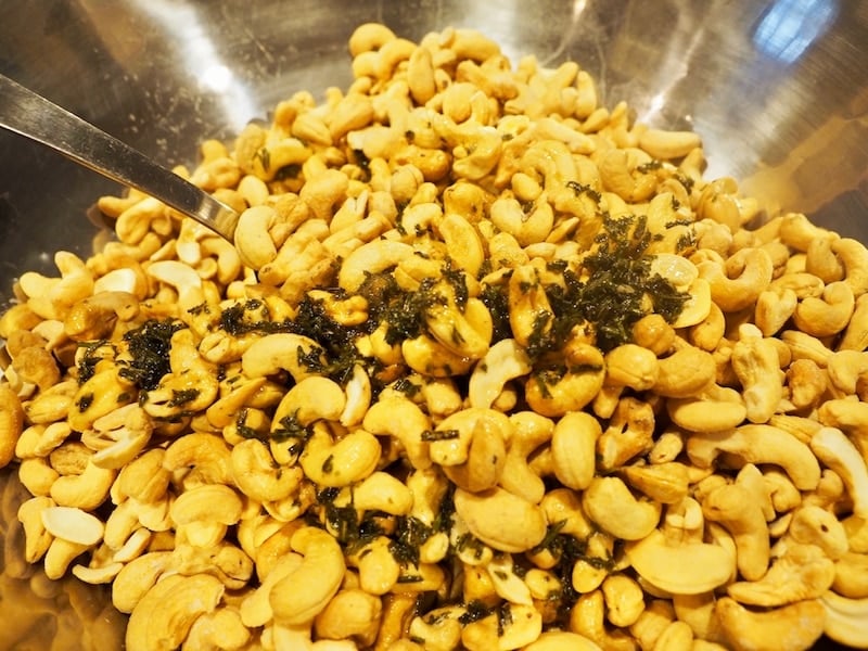 rosemary, salt, sugar slurry poured onto warm cashews.