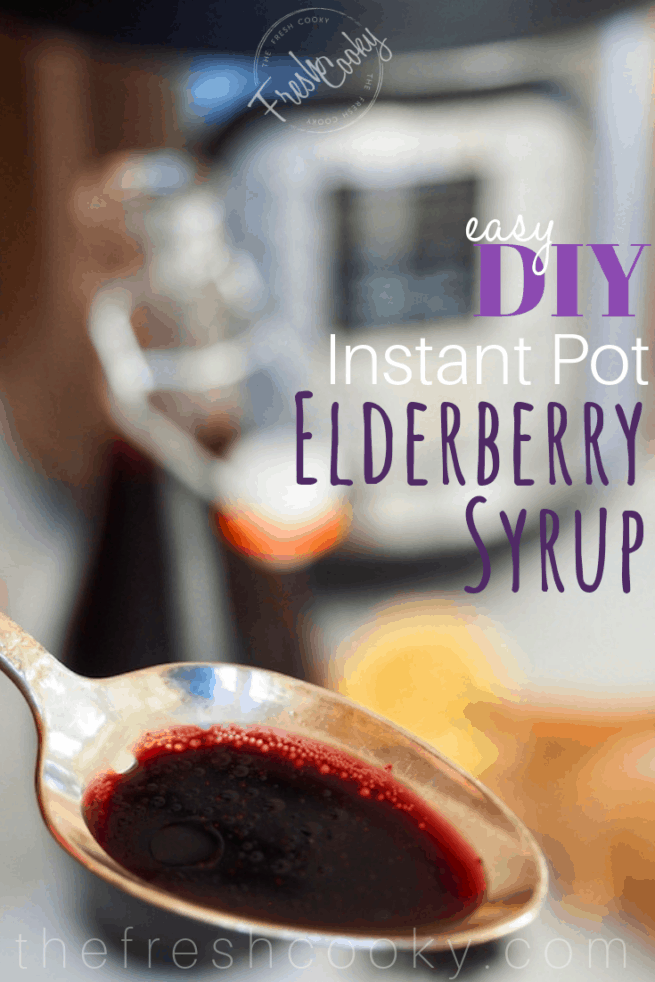 Pin image with a spoonful of elderberry syrup | thefreshcooky.com