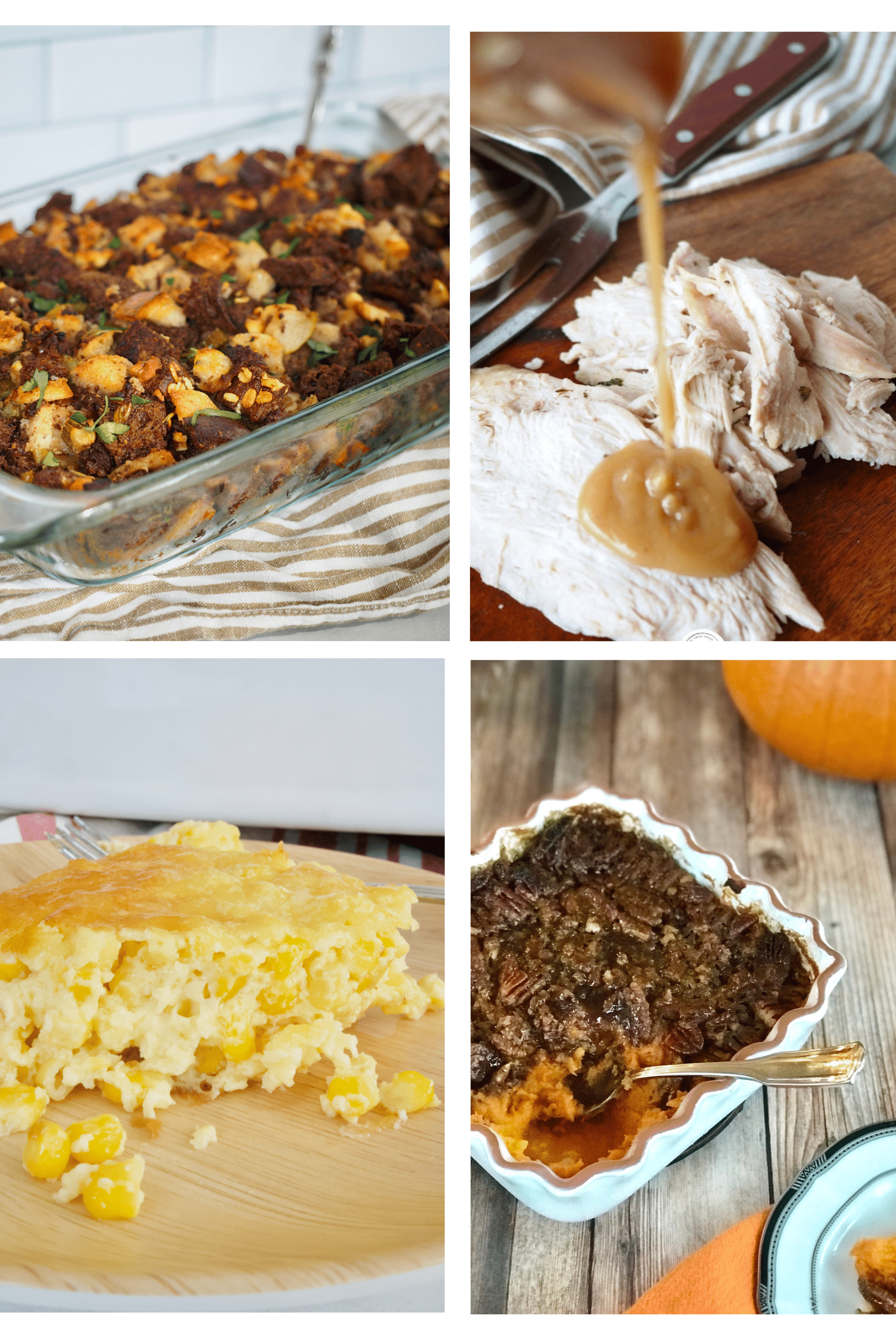 Image of 4 different make ahead Thanksgiving side dishes stuffing, gravy, corn pudding and praline yams.