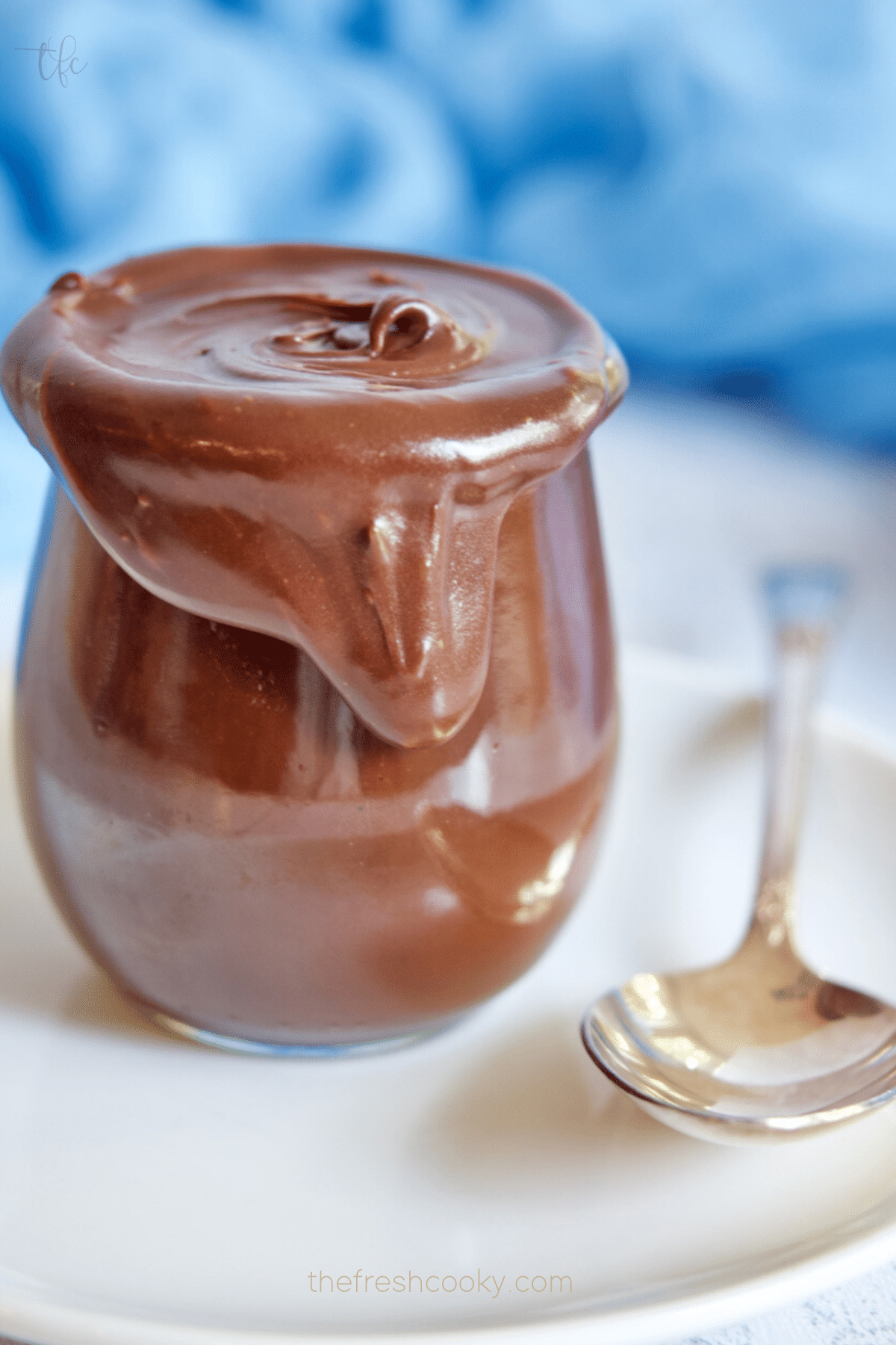 Pin for old fashioned hot fudge sauce with chocolate sauce oozing over the side, silver spoon on plate.