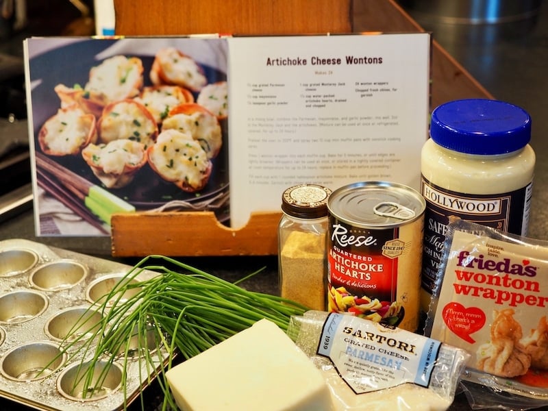 Ingredient image for artichoke cheese wontons with cookbook in background. Artichoke Cheese Wontons | www.thefreshcooky.com