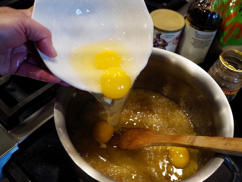 Mixing in eggs for brownies