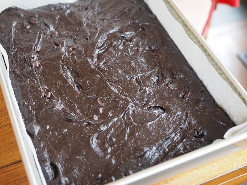 brownie batter spread into pan