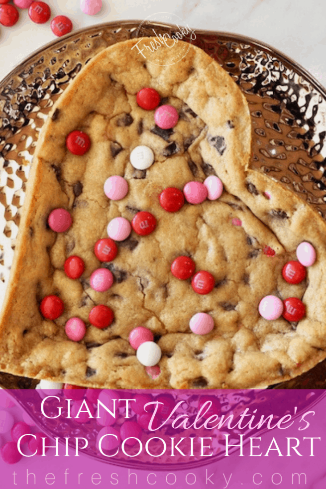 Giant Chocolate Chip Cookie Heart pin with close up image of cookie heart. 