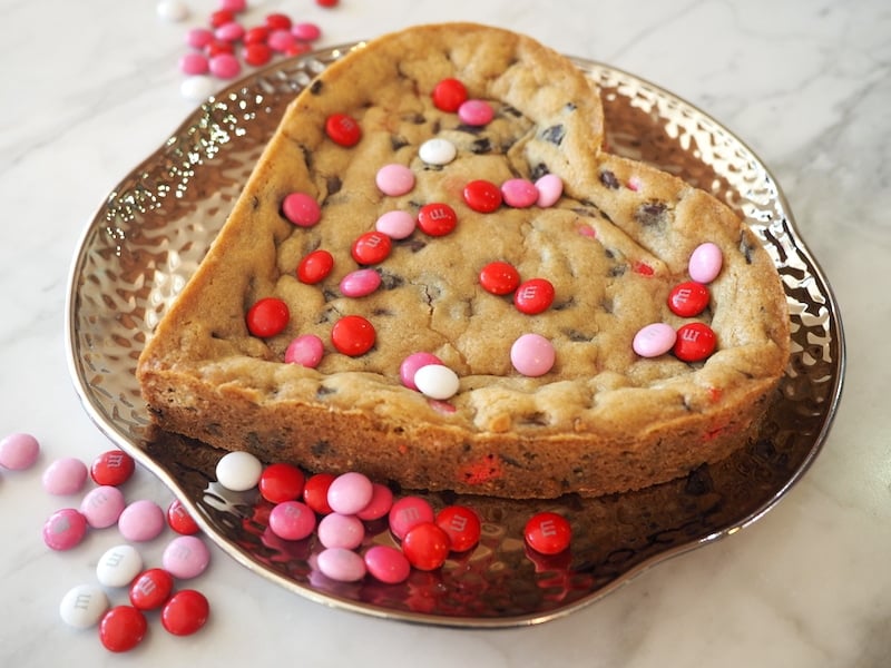 Giant Chocolate Chip Cookie heart on pretty plate. 