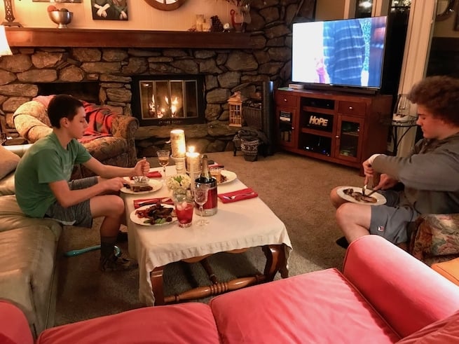 Valentine's Day Table Setting in family room with fire roaring. 